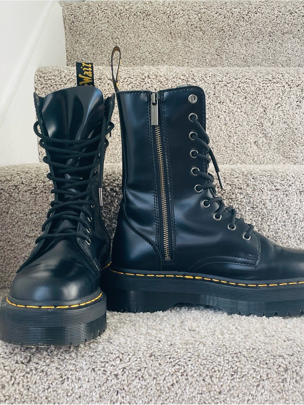 Dr. Martens Black Platform Lace-Up Combat Boots with Yellow Welt Stitch